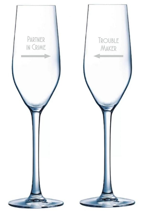 Partner in crime slogan champagne flutes